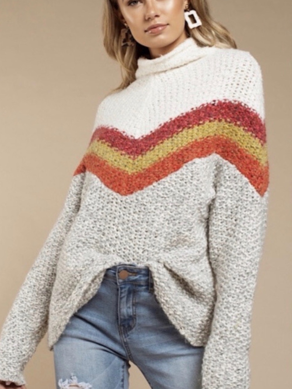 Free People Chevron Cream Gray Knit Turtleneck with Stripes. Small/XS